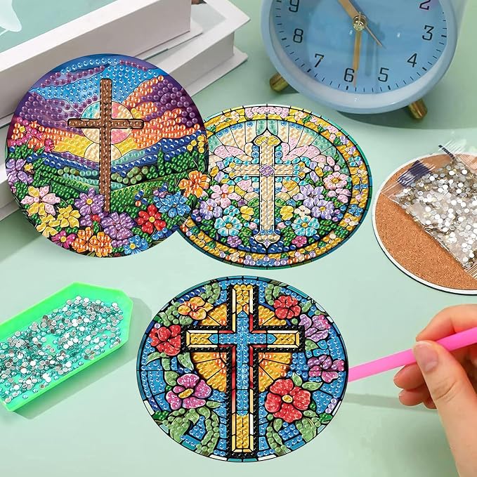 8 Pack Diamond Art Coasters Kits-Cross Diamond Painting Coasters for Adults