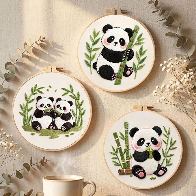 Santune Beginners Embroidery Kit for Adult Needlepoint Cross Stitch Kits Needle Point Sets with Panda Embroidery Patterns, Includes Step-By-Step Instructions and Accessories