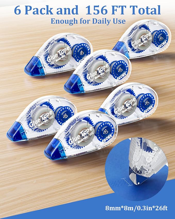 Gecork Double Sided Glue Tape Roller 156 ft Total, 6-Pack, Blue | 0.3 in x 26 ft Quick-Dry Tape Runner, Strong Adhesive & Lasting Bond, For Scrapbooks, Journals, Office, School Arts & Crafts