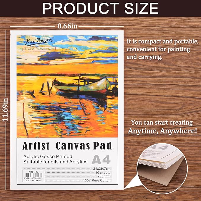 Canvas Pad for Painting, 10 Sheets of 11.69"x8.66" Pure Cotton Canvas, A4 Size, White, Pre-Primed for Instant Use
