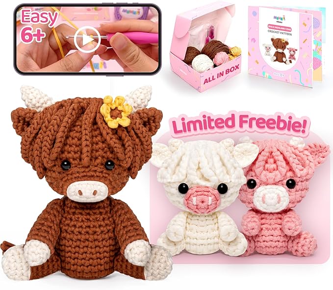 Mewaii Crochet Kit for Beginners, 3 Pack Highland Cows Craft Set | 40% Extra Yarn, Video Tutorial, Pre-Started Piece, Beginner Friendly, Family Craft Gift for Adults & Kids