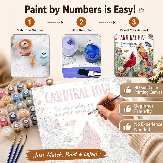 AUKELHJ Paint by Numbers Kit for Adults Beginner, Cardinal, 16X20 Inch | Paint by Number for Adults, Beginner Friendly, High-Definition Color Canvas, Stress Relief, Home Decor, Gifts, Unframed