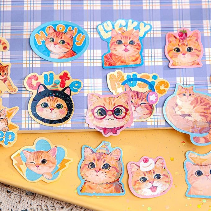 120Pcs Holographic Cat Stickers with Iridescent Finish Cute Kitten Vinyl Decals for Laptop Water Bottle Scrapbook Phone Case Waterproof Animal Stickers for Adults Pet Lovers