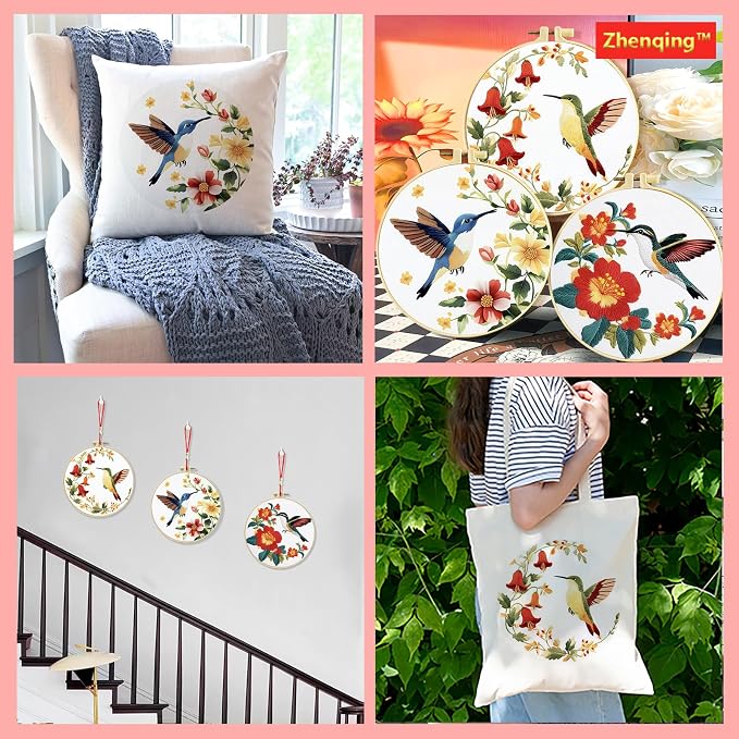 Zhenqing 3-Piece Hummingbird Embroidery Kit for Beginners, Floral Bird Needlework Set with Pre-Printed Cotton Fabric, Hoop, Threads & Tools, Nature Garden Wall Decor (C0168)
