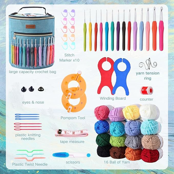 Yarniss Crochet Kit for Beginners,Crochet Set for Adults,Slate Blue | 1120 Yards Crochet Yarn 16 Colors,14 Size Ergonomic Crochet Hooks 2.0mm~10.0mm Large Capacity Storage