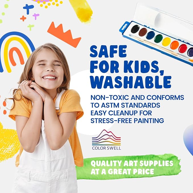 Color Swell 8 Color Bulk Watercolors with Wood Brushes, 6 Pack