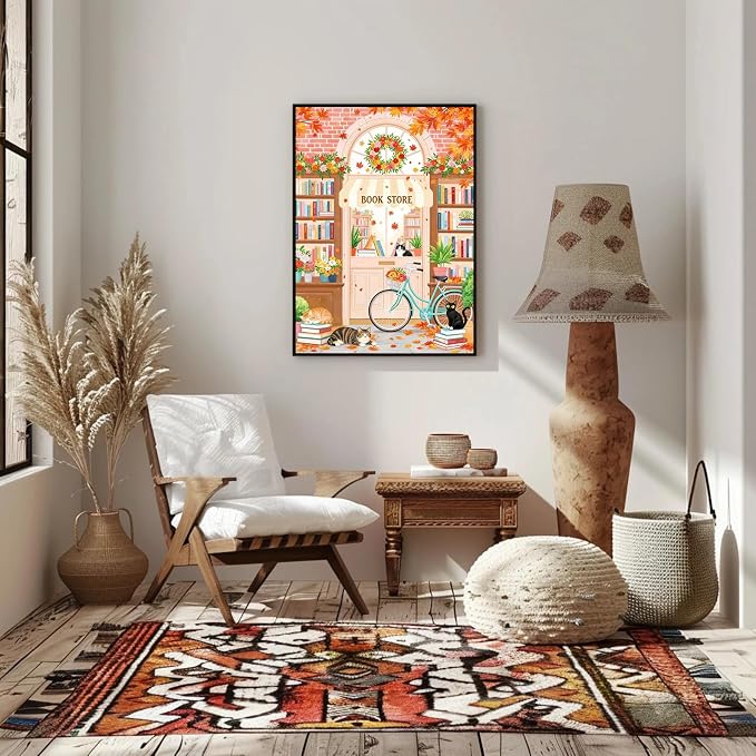 GEWOUVIN Book Store Diamond Art Kits for Adults, Autumn Diamond Painting Kit for Beginners, Round 5D DIY Dimond Art,Full Drill Painting Kit Art and Crafts for Adults Home Wall Decor【11.8x15.7inch】