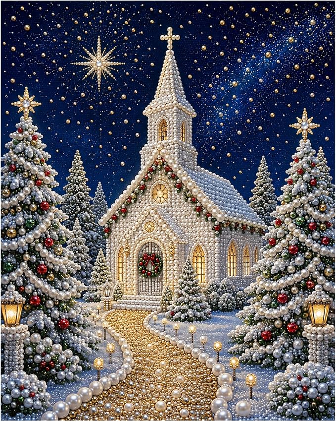 DIY Christmas Pearl Diamond Painting Kit, 5D Pearl Art Craft for Adults and Beginners, Christmas Church and Jesus Wall Decor, Holiday Gifts, 12 x 16 Inch (Church Design D)