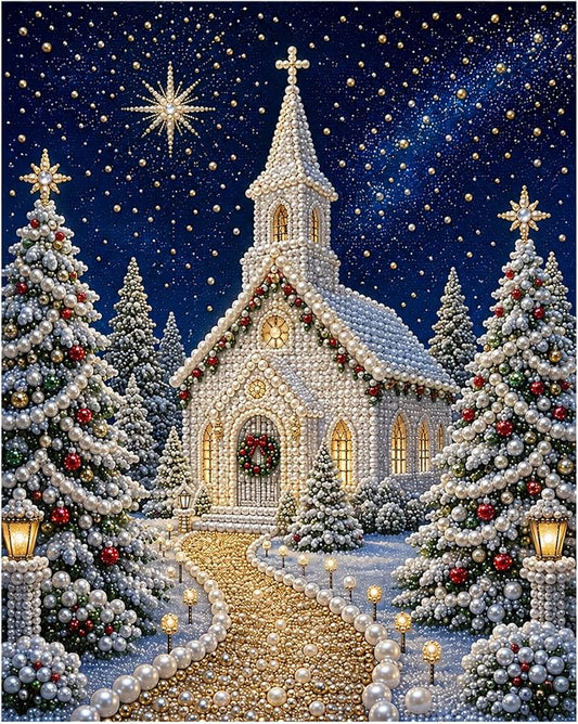 DIY Christmas Pearl Diamond Painting Kit, 5D Pearl Art Craft for Adults and Beginners, Christmas Church and Jesus Wall Decor, Holiday Gifts, 12 x 16 Inch (Church Design D)