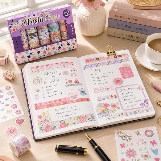 50 Rolls Washi Tape Set, Assorted Sizes, for Junk Journal Scrapbook, Bullet Journaling Scrapbooking Supplies, Planner Sticker DIY Craft Decor (Whimsical Doodles)