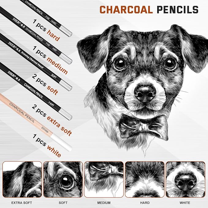 Kosiz 18 Pcs Charcoal Drawing Set Sketch Kit Black Charcoal Pencils, White, Double Headed Blending Sponge Pen Blending Stumps Sanding Block Knife Pencil Case, Artist Pencils for Beginners and Artists