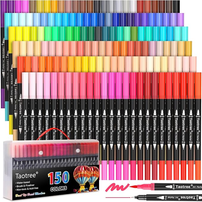 Taotree 150 Colors Dual Tip Art Markers Pens Set for Adult Coloring Books | Artist Fine & Brush Tip Coloring Markers Drawing Pens for Journaling Note Taking Lettering Calligraphy Craft Art Supplies Set