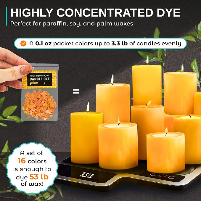 Candle Dye for Soy Wax – 16 Colors Wax Dye Chips for Candle Making | Highly Concentrated Candle Wax Dye for Soy Wax, Beeswax, Paraffin – Candle Color Dye - Premium Candle Dye Chips