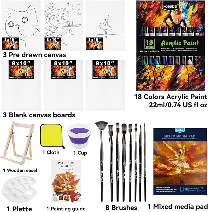 koseibal Kids Acrylic Paint Set with Canvas, Art Supplies Kits for Adults