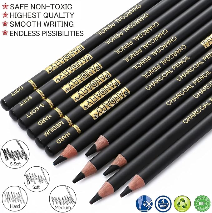 PANDAFLY Charcoal Pencils Set, 12 Pack (Super Soft, Soft, Medium & Hard) | Professional Black Charcoal Pencils for Drawing Sketching Shading, Charcoal Drawing Set for Beginners & Pro Artists