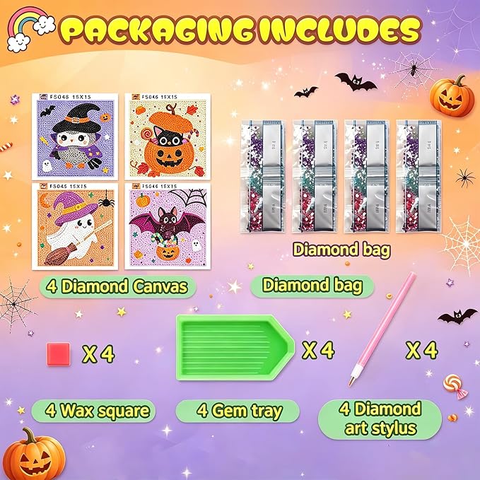 4 Pack Halloween Diamond Art Kits for Kids Ages 4-8-10-12 Gem Art for Kids | Halloween Diamond Painting Kits for Kids, Kids Diamond Art Small, Gem Painting Kit for Boys Girls,for Gift and Decor 6x6 Inch