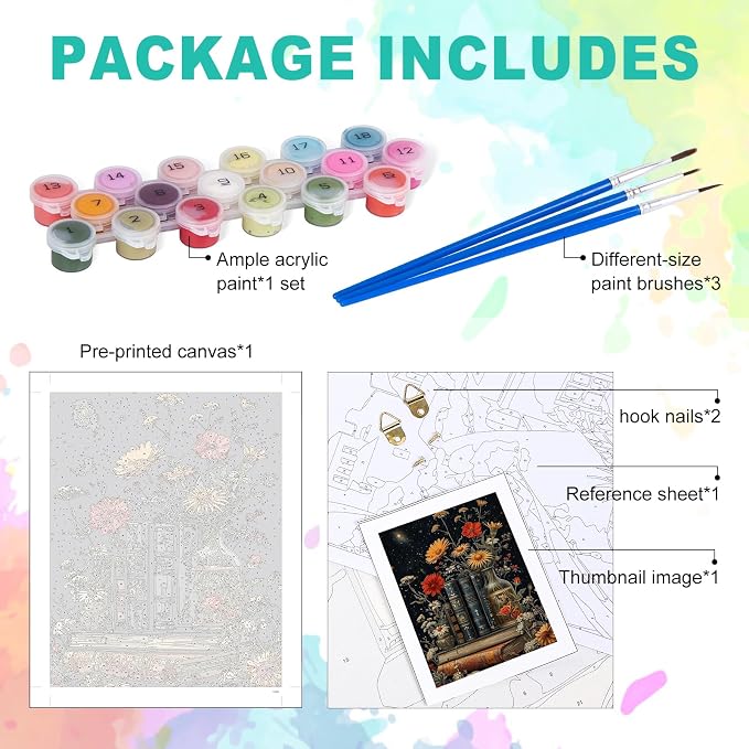 Paint by Numbers Kit for Adults, Vintage Books and Wildflower, 16 x 20 Inch | DIY Adult Paint by Number Kit on Canvas for Beginners, without Frame, Botanical Wall Decor, Stress Relief Craft Gift