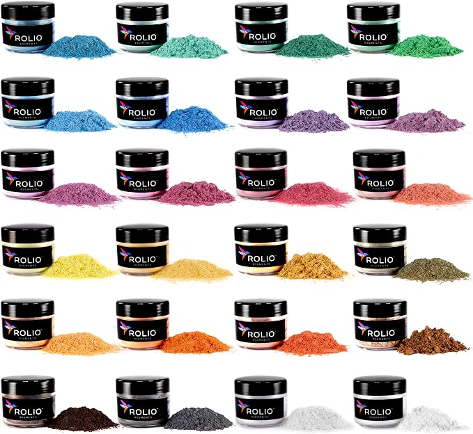 Rolio - Mica Powder Color Pigment Set - Pastel Set, 10g, 24 Jars | Pearlescent Color Pigments, Resealable Jars for Epoxy Resin, Soap Making, Candles, Slime, Nail Art, and DIY Crafts