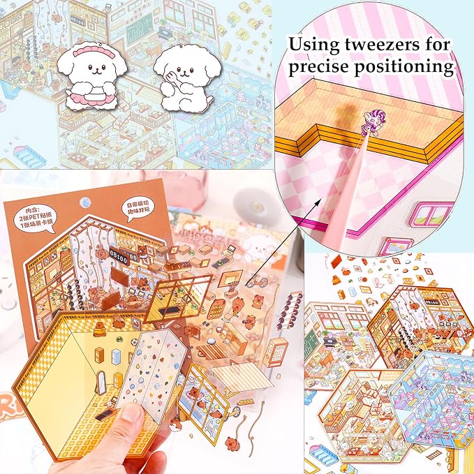 DIY 3D Sticker for Kids, 6 Sets of Cute Stickers for Girls Kids Fun Scenes Stickers Adult Isometric Sticker Scene Reuseable Waterproof Stickers