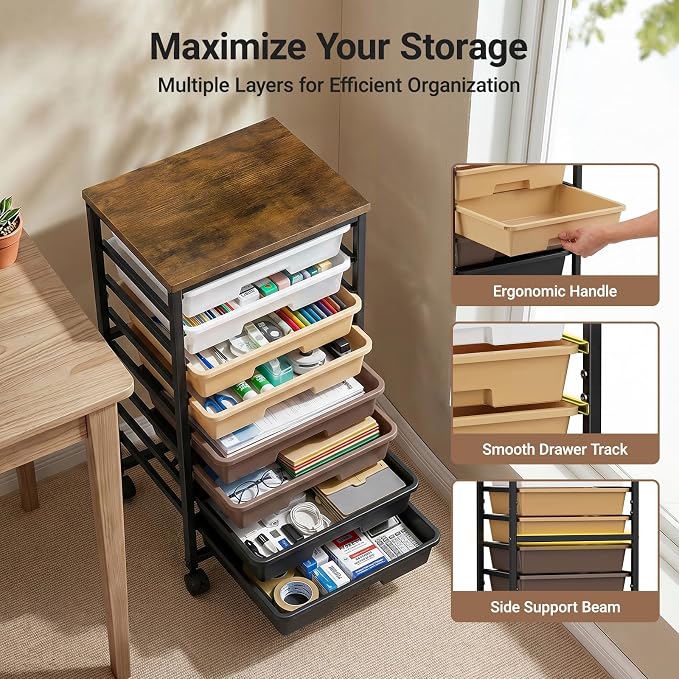 Pipishell Rolling Cart with 5 Drawers, Craft Storage Cart, Khaki Gradient
