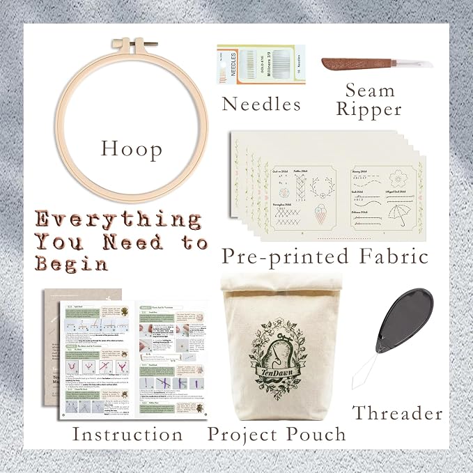 TenDawn Embroidery Stitch Book Kit for Beginners, 32 Essential Stitches | Structured Learning Order for Adults, DIY Sewing Kit with Floral Motifs, Practice Patterns