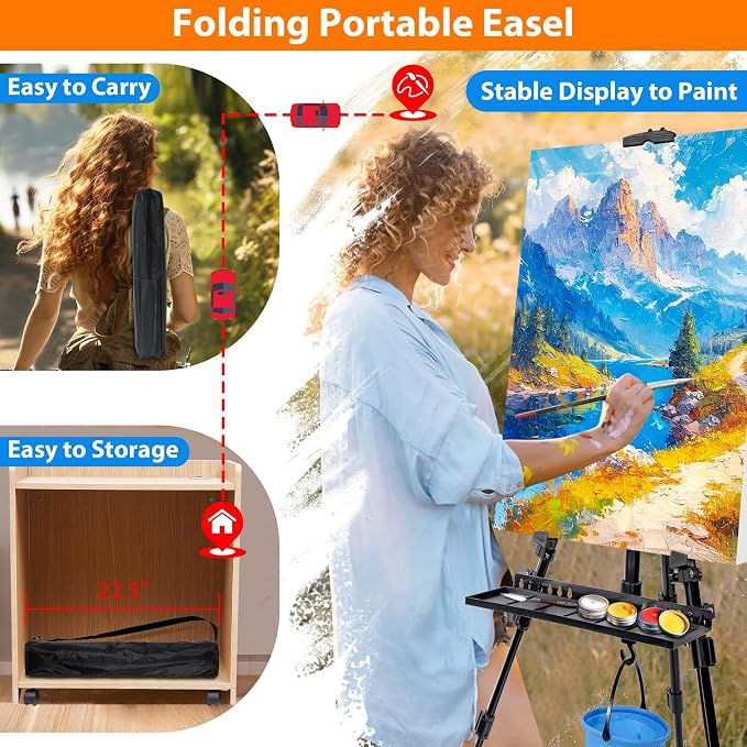 Easel Stand for Painting Artist Easel Stand Adjustable Height 20" to 61" Metal Tripod Art Easels Stand for Painting Canvases Tabletop Floor Art Easel Stand with Tray, Bag, Folding Keg, Black