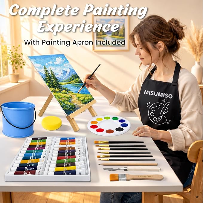 MISUMISO Acrylic Paint Set for Beginners - 24 Colors Painting Kit with Canvas Panels, Easel, 10 Brushes, Apron, Palette & Accessories - Art Kit Painting Supplies for Adults Kids Teens, Gift Set