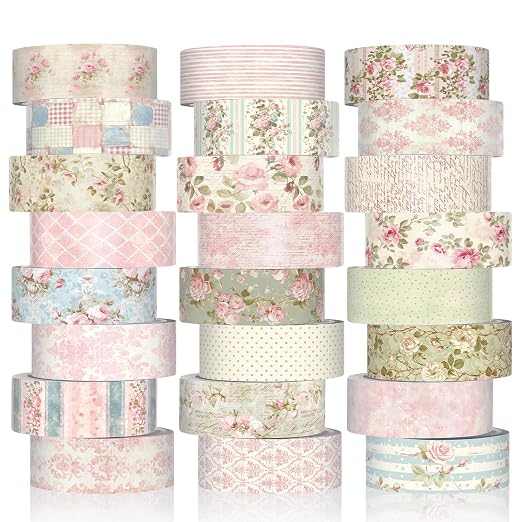 Gueevin 24 Rolls Floral Washi Tapes Set Scrapbook Supplies, Vintage | 15 mm Watercolor Flower Washi Tapes, Back to School DIY Craft Arts, Junk Journaling Planner Gift Wrapping Supplies