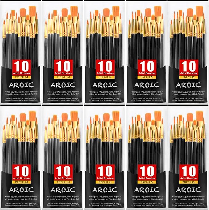 AROIC Paint Brush Set, 10 Pack 100 Pcs Acrylic Paint Brushes | Artist Paint brushes for Oil Watercolor Acrylic Face Rock Painting（Black）