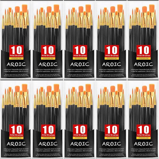 AROIC Paint Brush Set, 10 Pack 100 Pcs Acrylic Paint Brushes | Artist Paint brushes for Oil Watercolor Acrylic Face Rock Painting（Black）