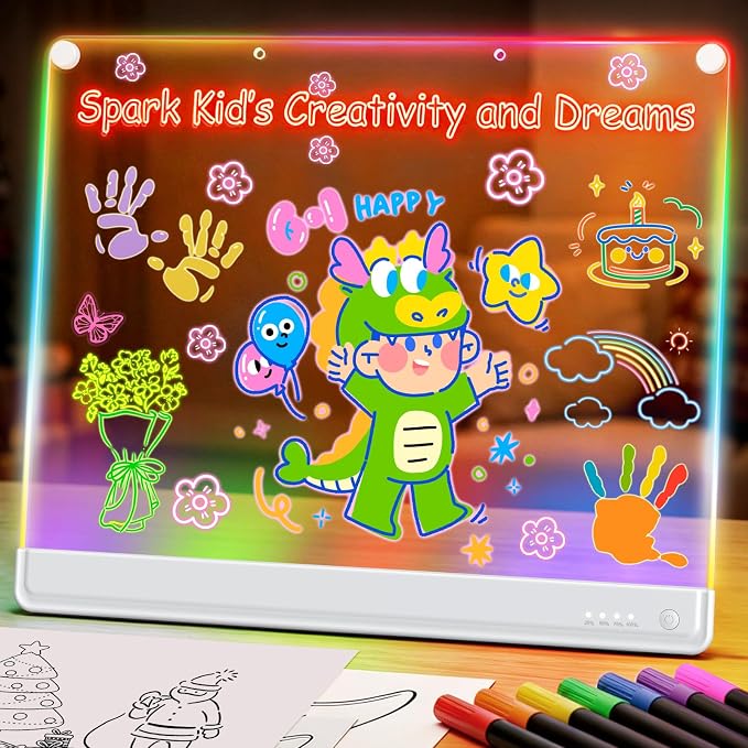 19.7-Inch Rechargeable Doodle Glow LED Note Board,15-Color Light Effects,Neon Light Up Drawing Tablet Up Drawing Pad Dry Erase with Built-in Stand,Gift Toy for Kids/Girls/Teens,7 Markers Tracing Book