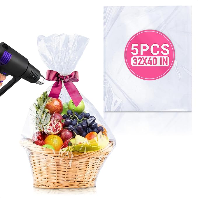 5 Pcs Shrink Wrap Bags for Gift Baskets, 32x40 in, Dust Cover | Clear Cellophane Bags for Hampers; Large Clear Gift Wrap; Heat-Shrink Finish; for Presents, Clothes Storage & Holiday Baskets