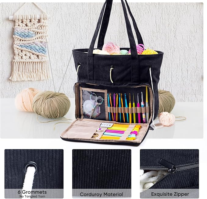 MYBAGZING Large Yarn Tote Organizer – Corduroy Knitting Storage Holder for Yarn, Hooks & Accessories, Portable Craft Carryall for Crocheting Lovers, Mother’s Day Gift