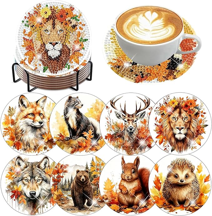Diamond Art Coasters Kits, 8 Pcs Fall Animals Diamond Painting Coasters Kit