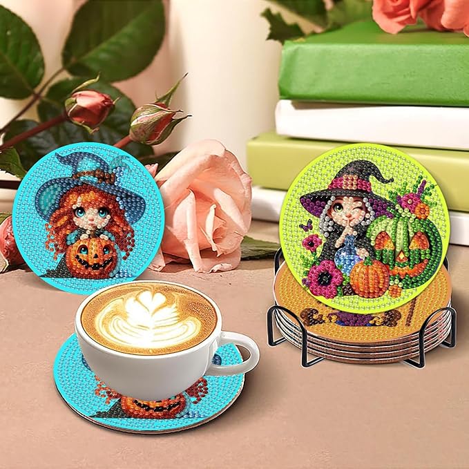 askkqtx 8 Pcs Halloween Diamond Art Coasters Kits with Holder 4X4 Inch