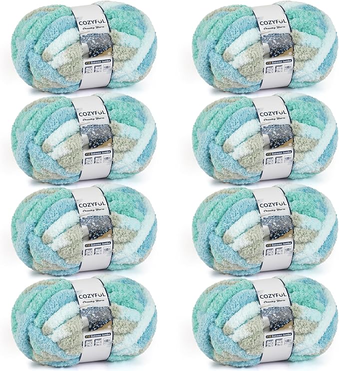 Cozyful Chunky Yarn for Hand Knitting - #10 Chunky Chenille Blanket Yarn, Jumbo Big Thick Chunky Yarns for Crocheting, Tie Dye Bulky Knit Yarns, 8 Skein (20 yds 8 oz Each Skein), Khaki & Teal & Blue