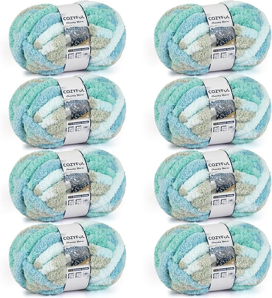 Cozyful Chunky Yarn for Hand Knitting - #10 Chunky Chenille Blanket Yarn, Jumbo Big Thick Chunky Yarns for Crocheting, Tie Dye Bulky Knit Yarns, 8 Skein (20 yds 8 oz Each Skein), Khaki & Teal & Blue