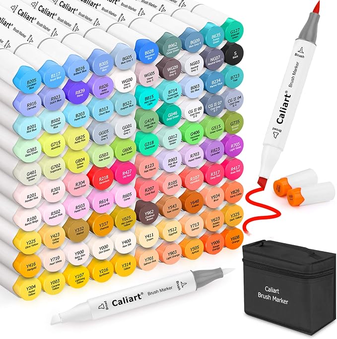 Caliart 101 Colors Alcohol Markers Brush Tip Art Markers for Adult Coloring | Brush & Chisel Permanent Markers Pens Set with Carrying Case for Artists & Beginners Drawing Painting Sketching Illustration