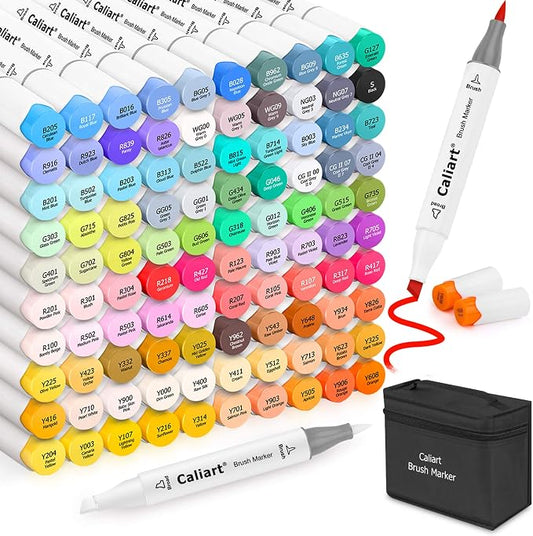 Caliart 101 Colors Alcohol Markers Brush Tip Art Markers for Adult Coloring | Brush & Chisel Permanent Markers Pens Set with Carrying Case for Artists & Beginners Drawing Painting Sketching Illustration