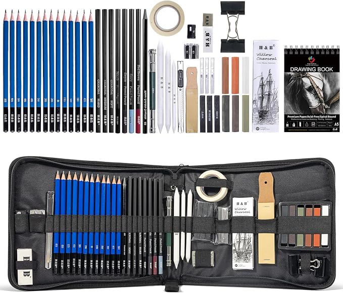 H & B 50PCS Drawing Sketch Pencils Art Supplies Kit with A5 Sketchbook | Pro Graphite, Charcoal Pencils & Pastel Kit, Travel Art Case Set, Ideal Drawing Set for Artists, Beginners and Adults