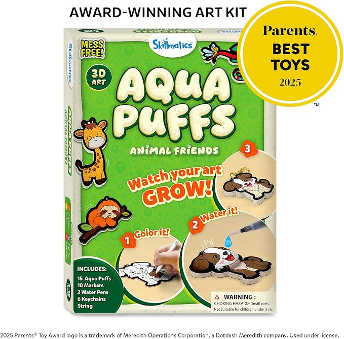 Skillmatics Aqua Puffs Animals, Art & Craft, Paint by Number, Gift for Kids | DIY Puffy Keychains, Screen-Free, Mess-Free Activity, Travel & Creative Kit for Girls & Boys Ages 4, 5, 6, 7, 8, 9, 10