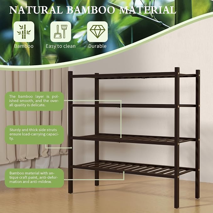 ROMGUAR CRAFT 4 Tier Bamboo Shoe Rack for Closet Free Standing Wood Shoe Shelf for Entryway Small Space Stackable 27"x11"x26" (Brown)