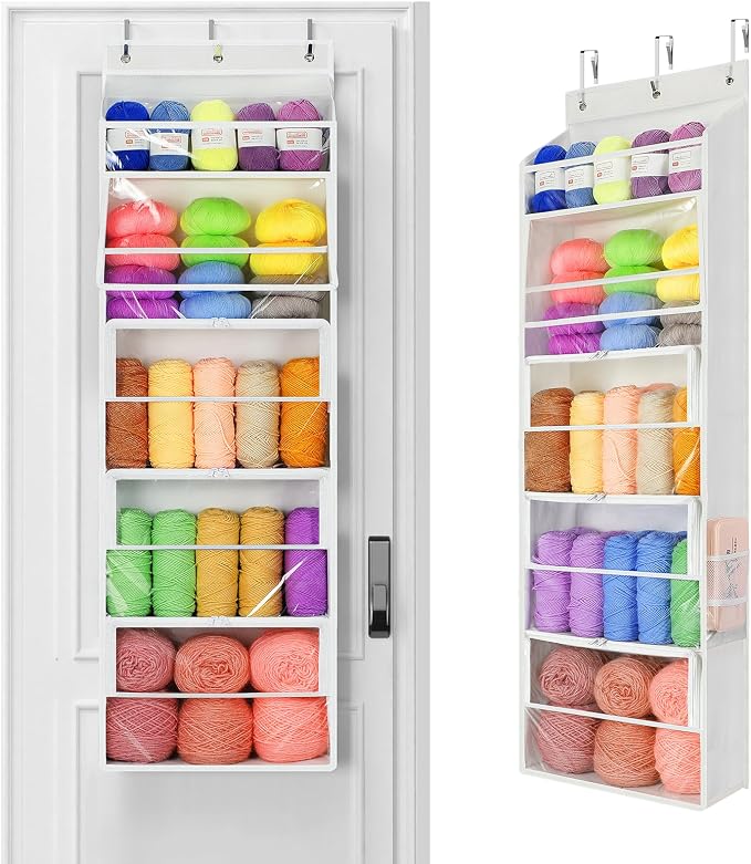 Yecaye Hanging Yarn Storage Organizer with 5 Zippered Closure Compartments, Heavy Duty Stuffed Animal Storage with Clear PVC, Dustproof Yarn Holder for Crocheting Storage, Ivory 5 Tier