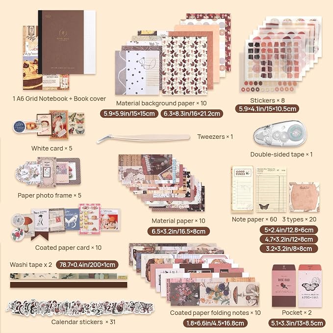 Upgraded Scrapbook Photo Album Supplies Kit with Tweezers and Glue Tape – Vintage Aesthetic Junk Journal Kit, Large Scrapbooking Paper, Sticker Pack, Notebook, DIY Craft, Gift for Adults (Goodtime)