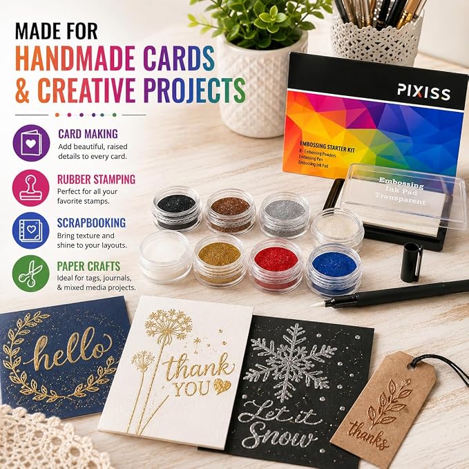 Embossing Kit with Heat Tool Bundle, Embossing Powders, Complete Embossing Starter Kit, Clear Embossing Pen, Embossing Ink Pad, 8X 10ml Embossing Powders for Crafts