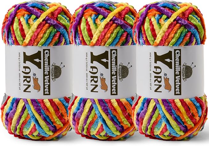 Chenille Crochet Rainbow Yarn 3 Pack
