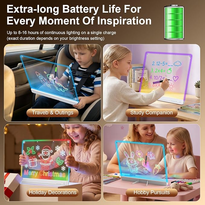 19.7-Inch Rechargeable Doodle Glow LED Note Board,15-Color Light Effects,Neon Light Up Drawing Tablet Up Drawing Pad Dry Erase with Built-in Stand,Gift Toy for Kids/Girls/Teens,7 Markers Tracing Book