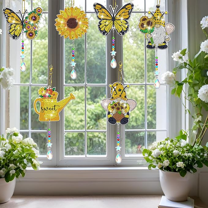 8 Pcs Gnomes Diamond Art Suncatchers Double Sided Diamond Painting Suncatcher Sunflower Diamond Painting Wind Chime Kits 5D DIY Diamond Art Kits for Adults Hanging Ornaments