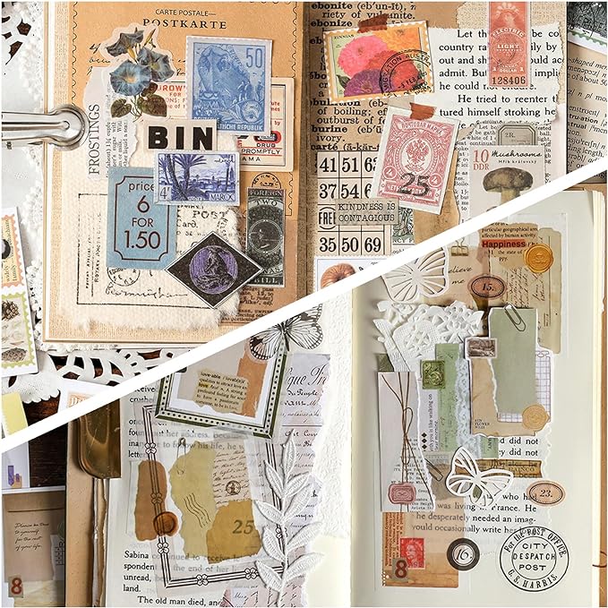PRSTINCOL Washi Stickers Book, 6 Sets 300 Pcs | Vintage Aesthetic Sticker Set, Journaling Scrapbook Decoration Bullet Journal, Stamps Flowers Ticket Theme