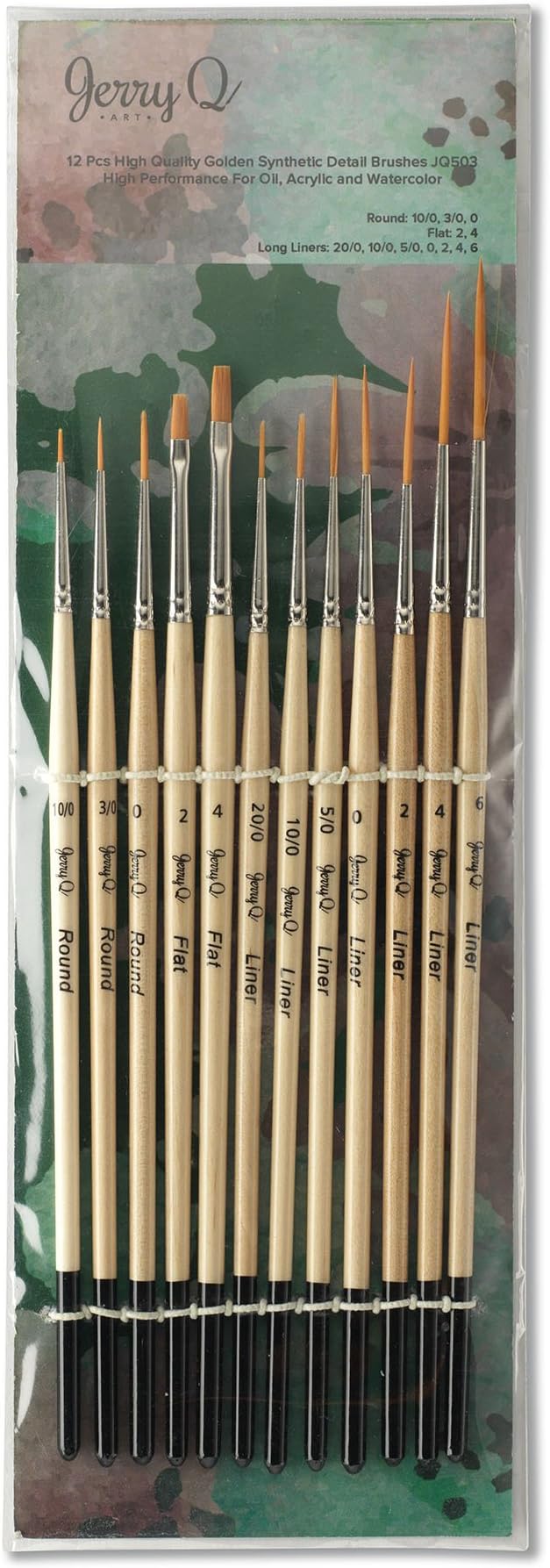 Jerry Q Art 12 Pcs Detail Paint Brushes, Golden Synthetic Hair, High Performance for Oil, Acrylic and Watercolor JQ-503